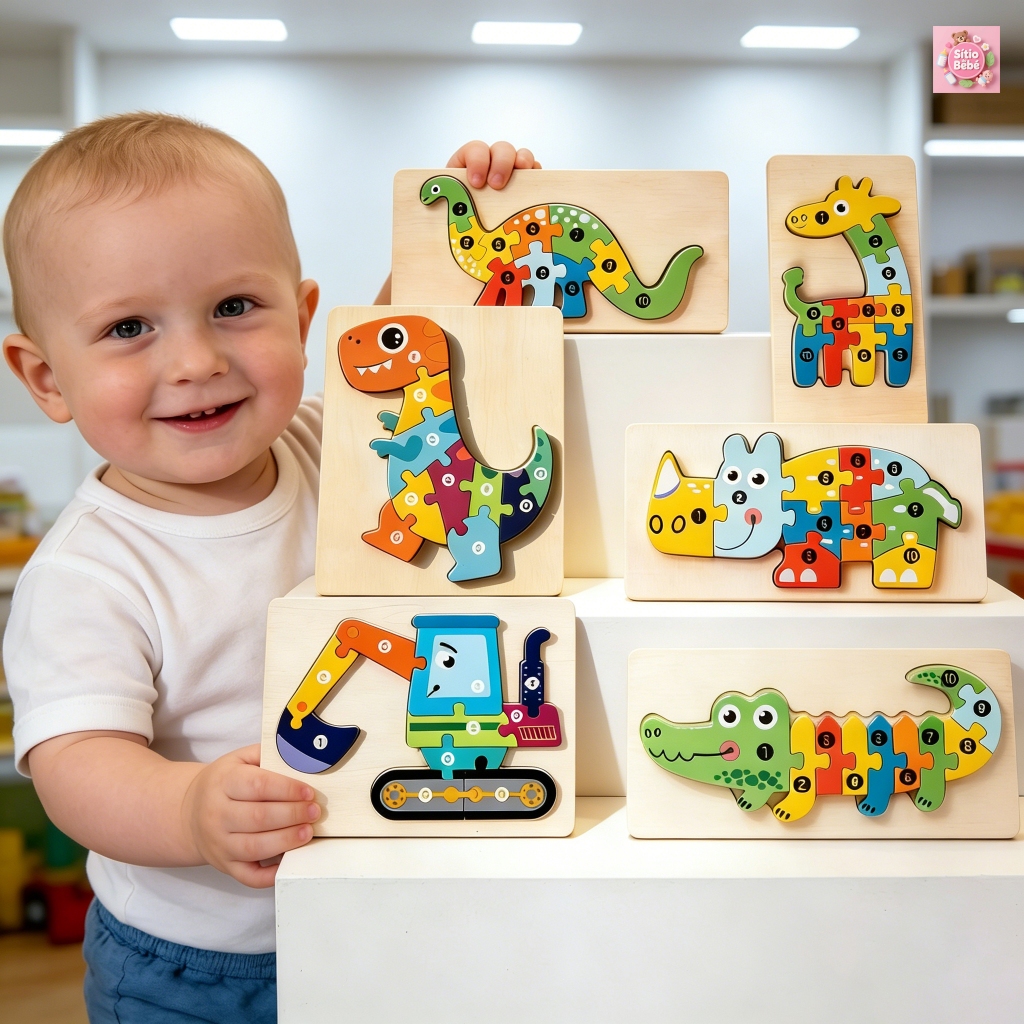Quebra-Cabeça de Dino 3D em Madeira - Brinquedo Educativo Montessori para Bebês e Crianças Pequenas