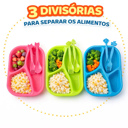 Kit Refeição Infantil com 3 Peças em Plástico – Pratinho, garfo e colher (Envio Full)