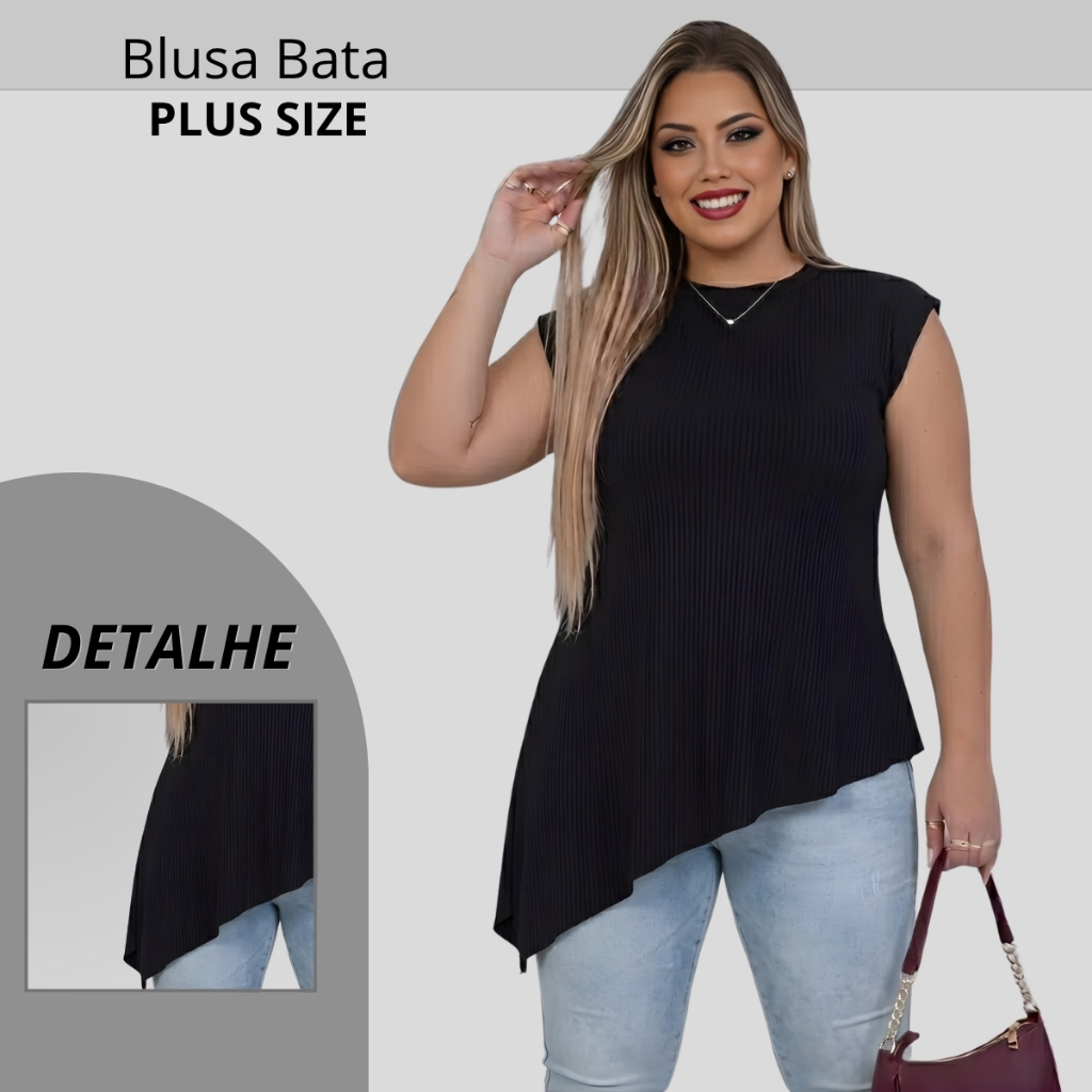 Blusa Feminina Bata Boho Gola Alta Plissada com Barra Assimétrica Coleção Premium