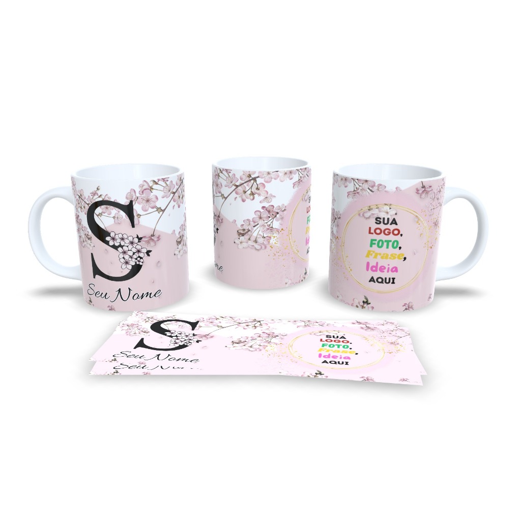 Caneca Xícara Feminina Porcelana Floral Cerejeira Personalizada Nome e Frase