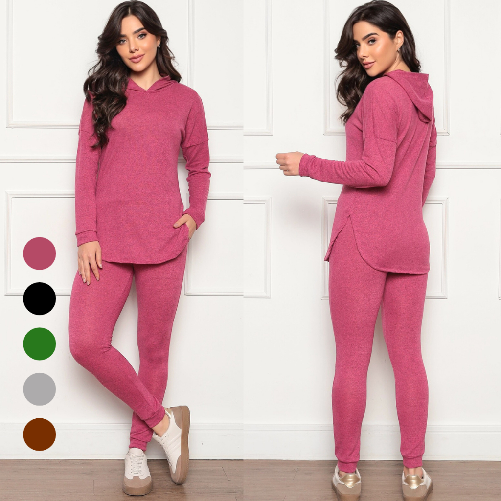 Conjunto Lãzinha Feminino Inverno  Calça e Blusa com Capuz Lanzinha Frio Quentinho Abrigo 2 peças