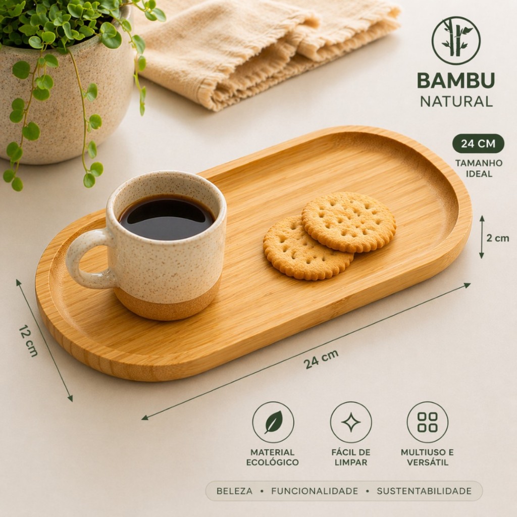 Bandeja de Bambu Oval 24cm Multiuso Mimo Style Ecokitchen | Petisqueira, Tábua, Gamela, Resistente, Natural, Café, Decor