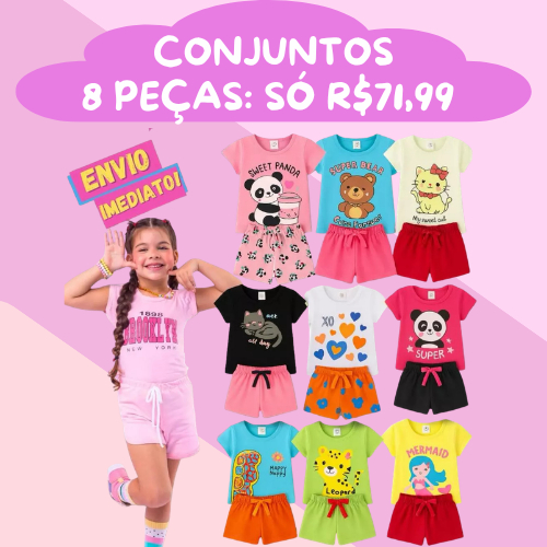 Roupa Infantil Menina 8, 6, 4 e 2 Peças Conjunto Infantil Pijama Menina Blusa Short Infantil Menina