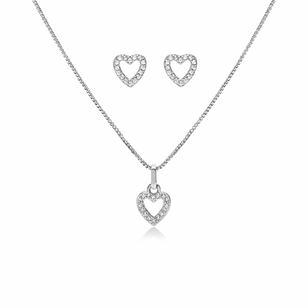 Kit Colar e Brinco Coração Cravejado Feminino Prateado Delicado Luxo Presente