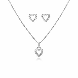 Kit Colar e Brinco Coração Cravejado Feminino Prateado Delicado Luxo Presente
