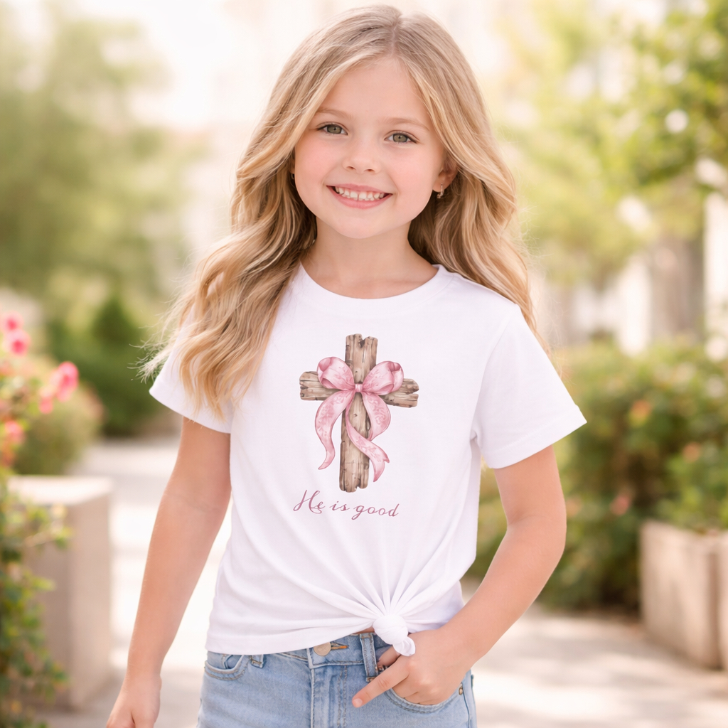 Camiseta I Antil Meninas Moda Gospel T-Shirt Cruz e Laço Estampa Delicada Moda Cristã Religiosa — R$ 24,71 em Shopee