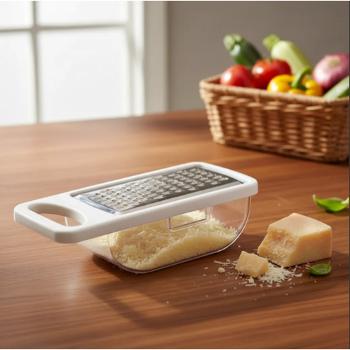 Mini Ralador Culinário em Aço Inox com Reservatório em Acrílico para Queijo Chocolate ou Legumes