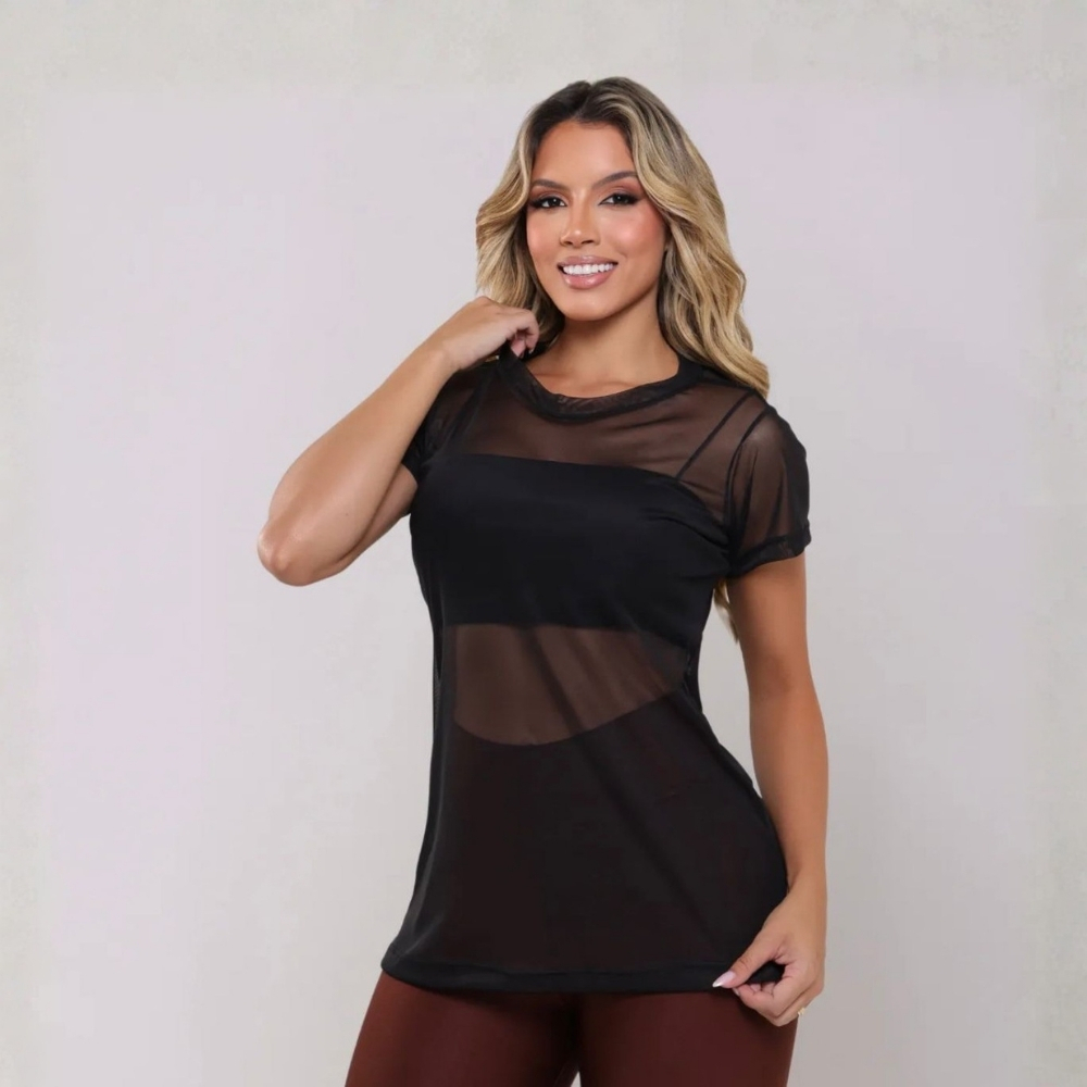 Blusa de academia feminina Roupa blogueirinha tule transparente tuli camisa premium