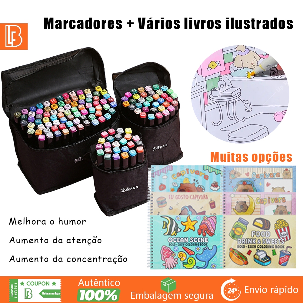 Kit Livro De Colorir Capa Dura 50 Páginas + 24/36/48/60/80 Cores Caneta Marcadora Com Ponta Dupla Belifou