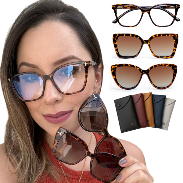Óculos Premium Feminino Clip On 3 em 1 | Armação com Clip Solar Magnético | Polarizado UV400