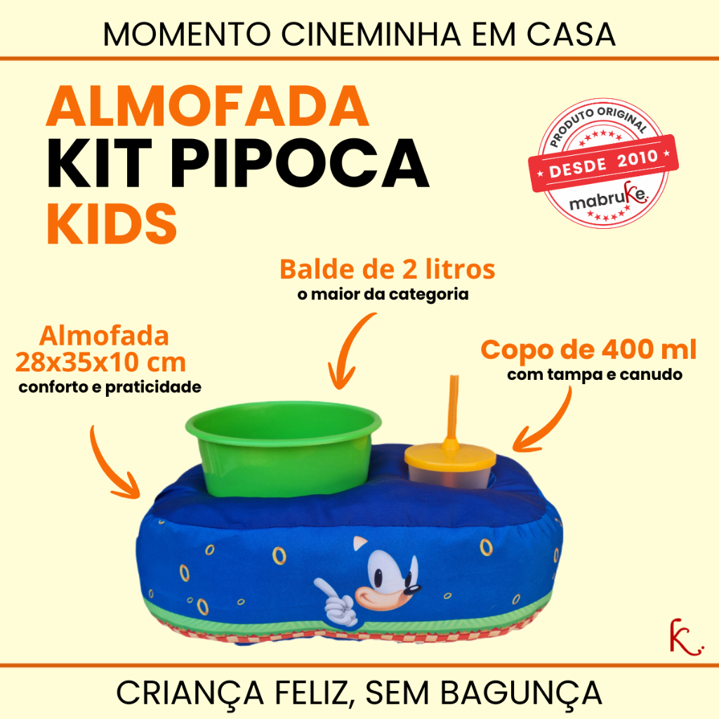 Almofada Porta Pipoca Kids Sonic Kit Balde 2 litros + copo 400 ml Cinema Casa Filme em Oferta na Shopee