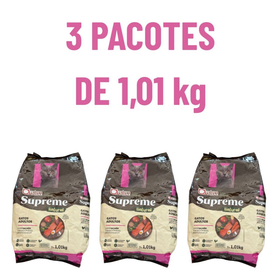 Kit Ração 1kg  1, 2, 3 Pacotes Quatree Supreme Para Gatos Adultos Salmão e batata doce