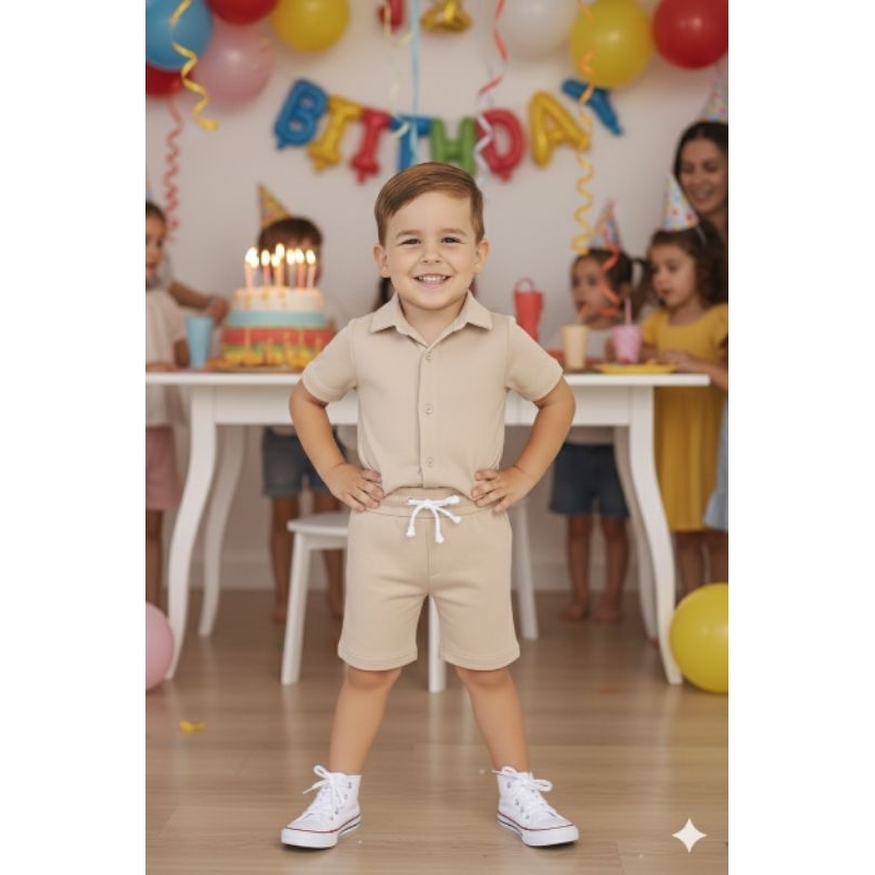 conjunto verão mauricinho bege blogueirinho estiloso aniversário casamento confortável casual linho 2 4 6 8 10 anos