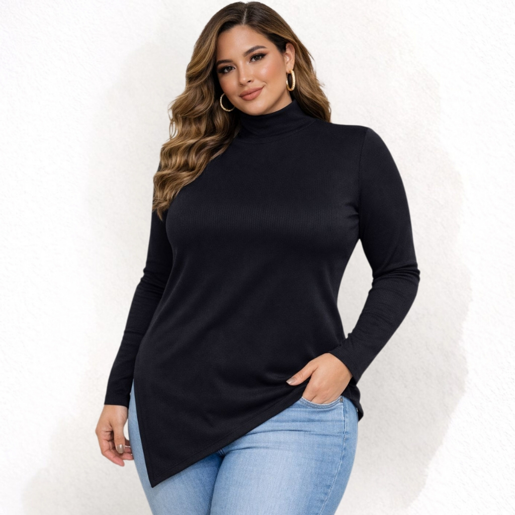blusa plus size manga longa inverno gola alta assimétrica canelado