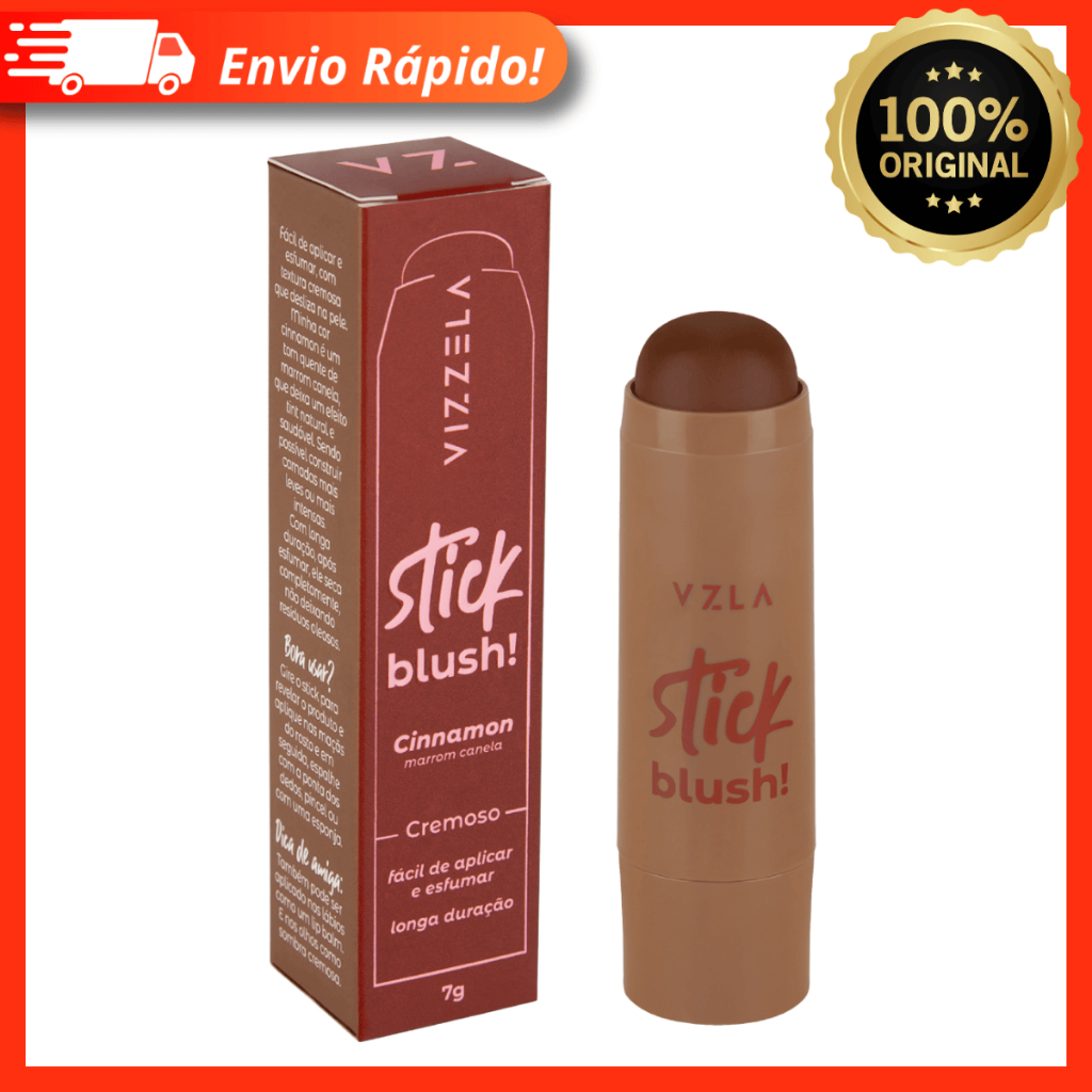 Blush Stick Cremoso Cinnamon Marrom Canela Vizzela 7g - Multifuncional, Longa Duração