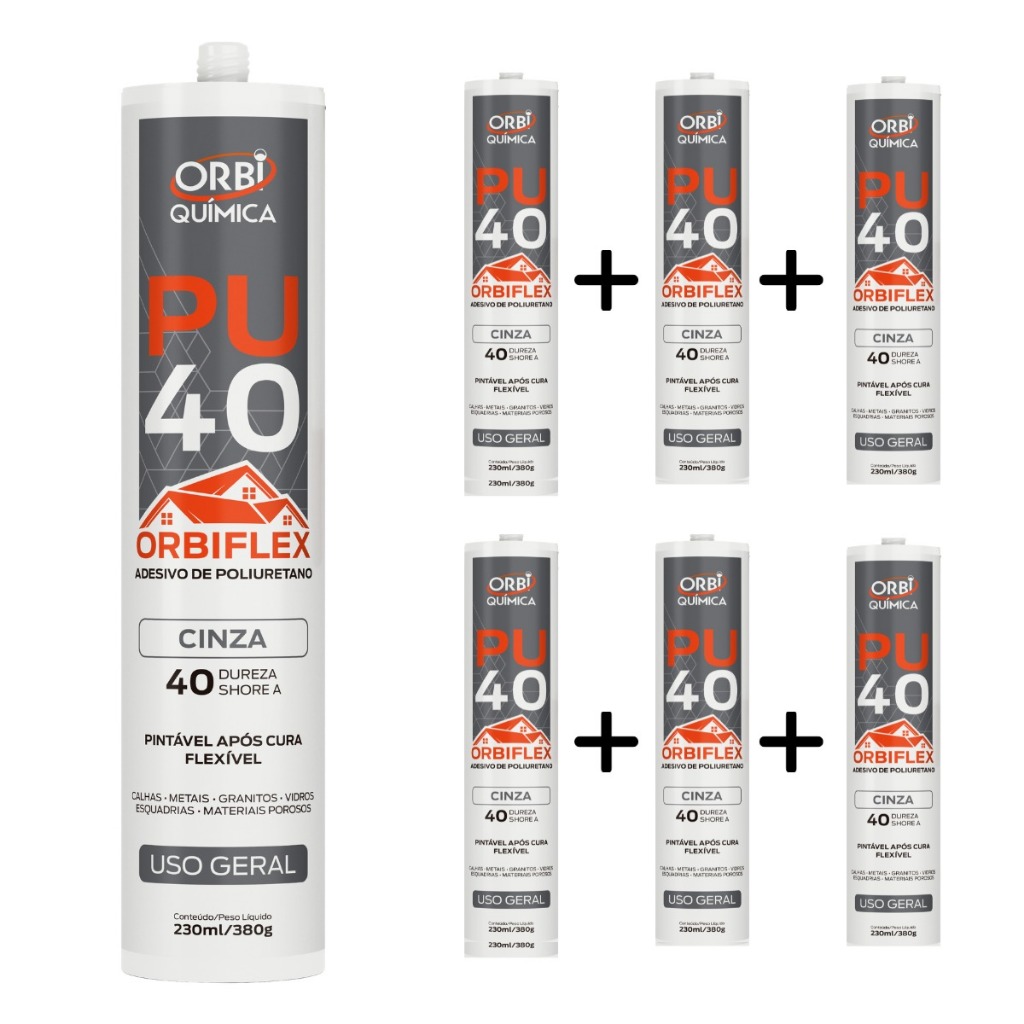 Kit 6 Cola PU 40 ORBI Química Cinza Poliuretano De Alta Resistência Construção Calhas Cubas Mármore