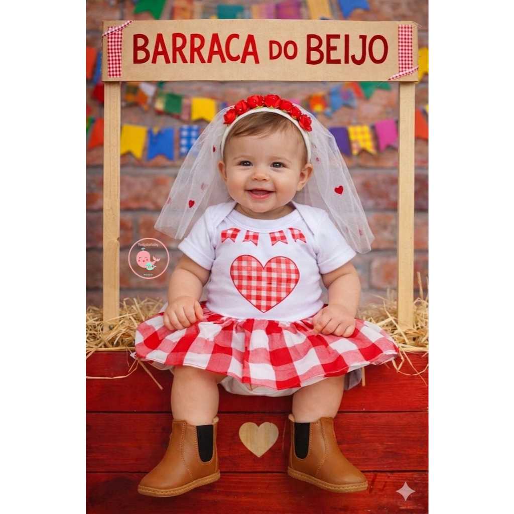 Body Bebê Festa Junina Menina Saia Tutu Botinha Arco Véu Mesversário Roupa Infantil Caipira