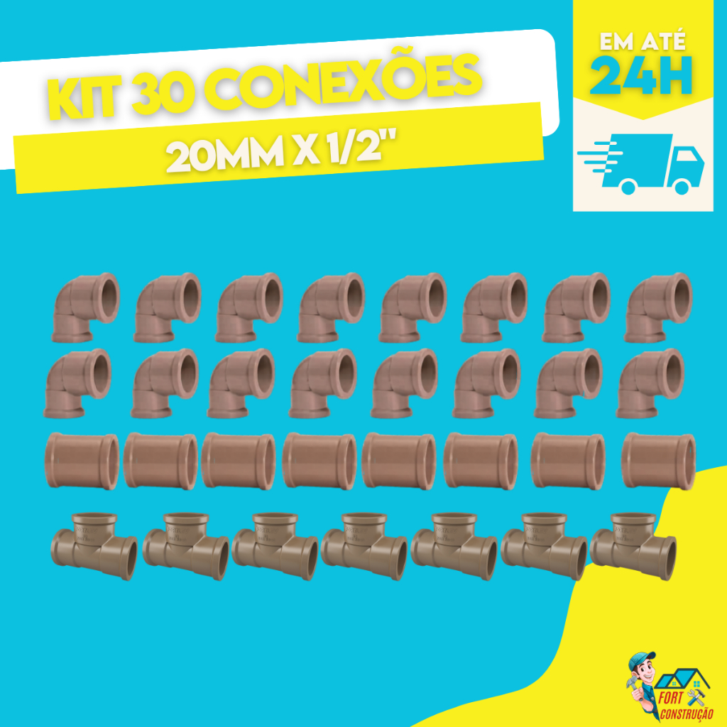 Kit 30 Conexão Pvc 20mm 1/2" Hidraulico Soldavel Agua Fria 15 Joelho 8 Luva 7 Tee Alta Qualidade