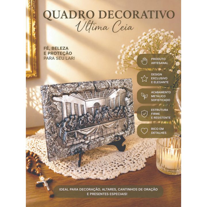 Quadro Decorativo Última Ceia resina cromada – Fé, elegância e significado para o seu lar