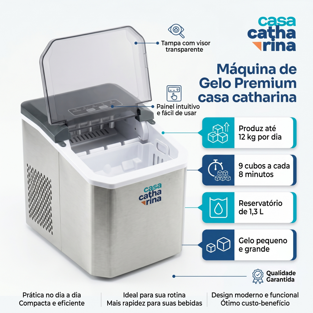 Maquina de Gelo Portatil Inox 12kg/dia 1,3L Gelo Rapido Automatica