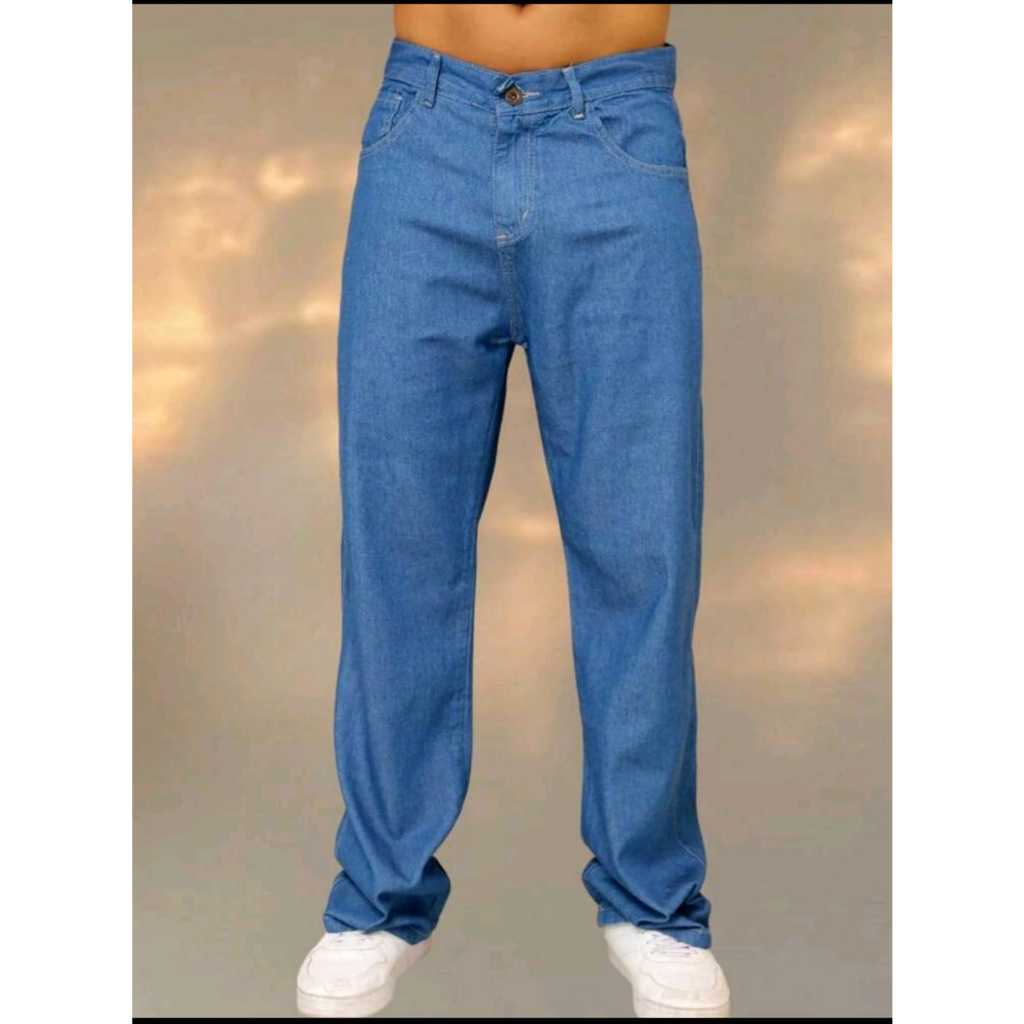 Calça Jeans Masculina Balão Azul Médio Streetwear Larga Wide Leg Baggy Pantalona Premium Confortável Luxo Moda Tendência