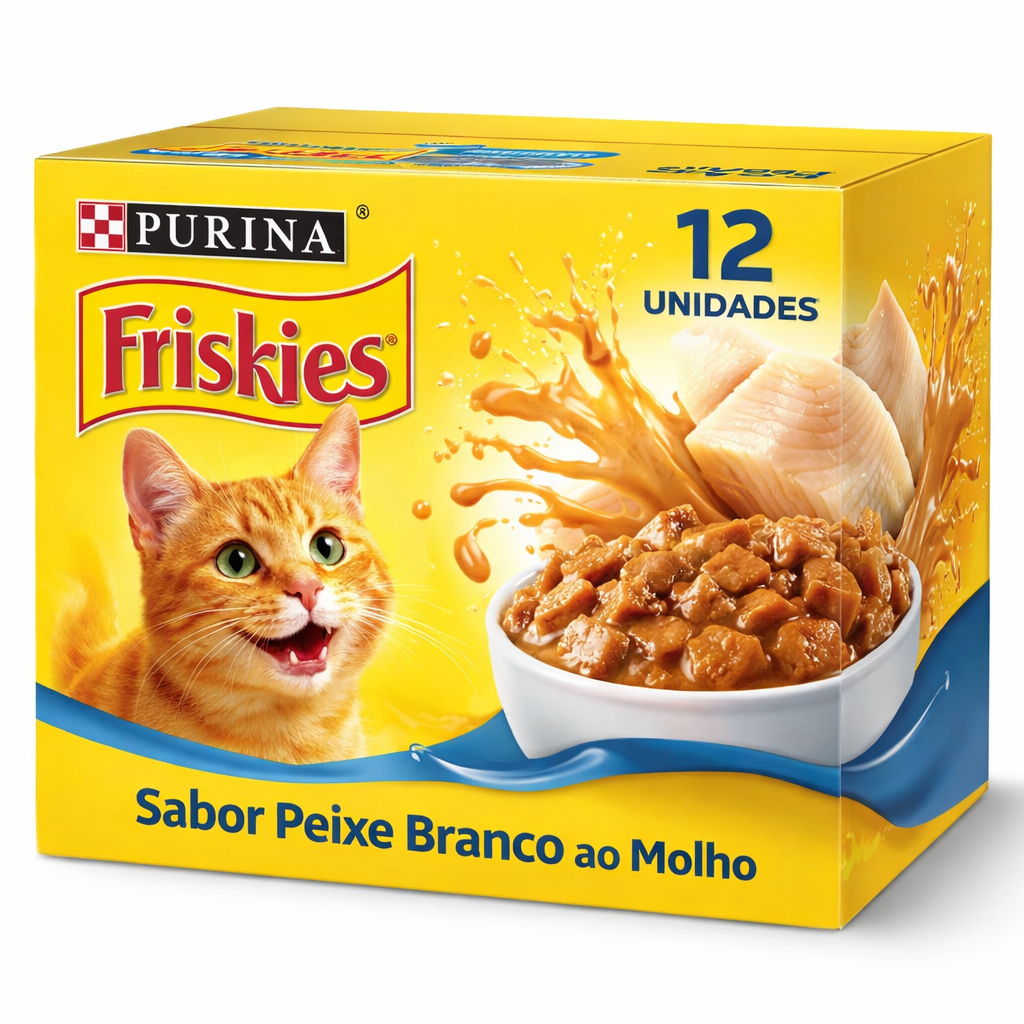 Caixa Ração Úmida Gato Friskies Sachê Peixe Branco ao Molho 85g – Kit com 12 Unidades · Alimento para Gatos Adultos