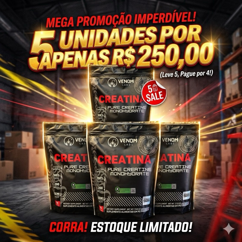 5 Creatina Monohidratada 500g 100% Pura Importada Venom Suplemento Performance Muscular Força