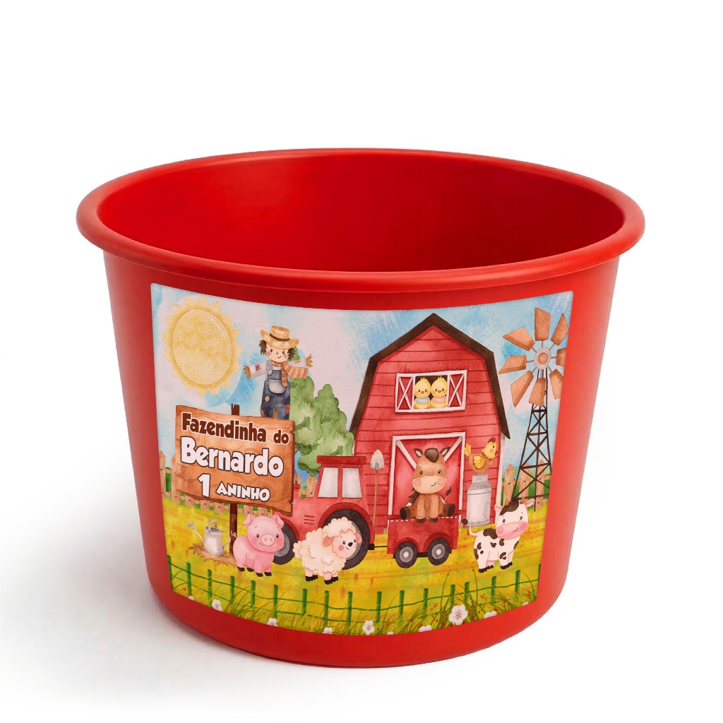 Balde de Pipoca Personalizado Fazendinha Aquarela Lembrancinha Menino Vermelho 1.5L Envio Rápido