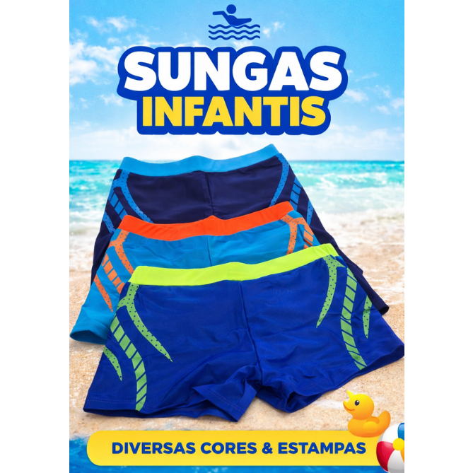 SUNGA INFANTIL BOXER COM FORRO NYLON COM ELASTANO AJUSTÁVEL COM CORDÃO ESTAMPAS VIBRANTES TAMANHO 2 A 12