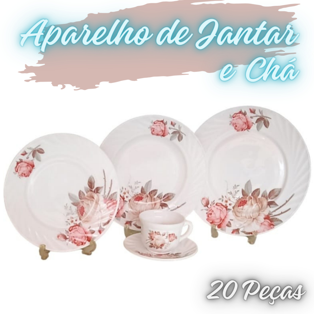 Aparelho de Jantar e Chá Estampado Opaline C/ 20 Peças - Floral Nude Embalado em Caixa