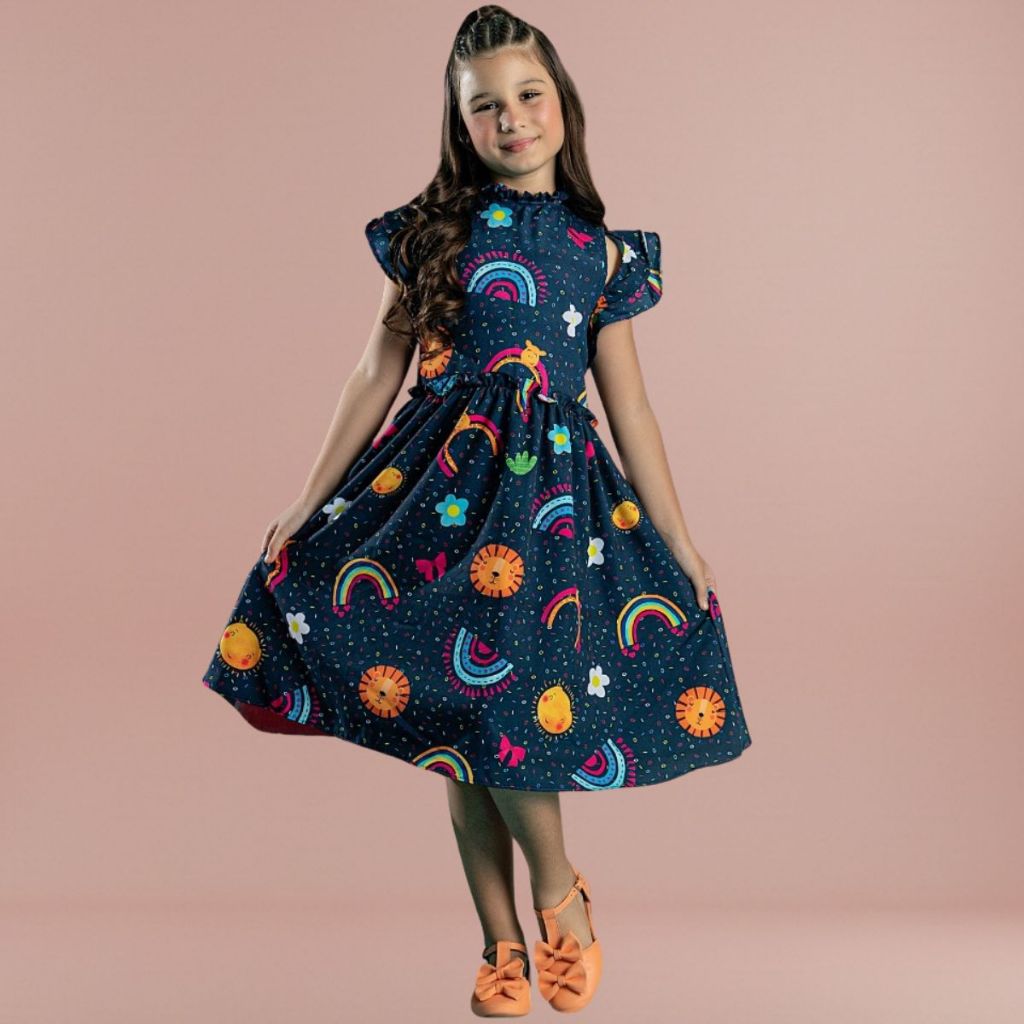Vestido Infantil Menina Feminino Festa Rodado Azul Moda Evangélica Babado Elegante Ombro Colorido