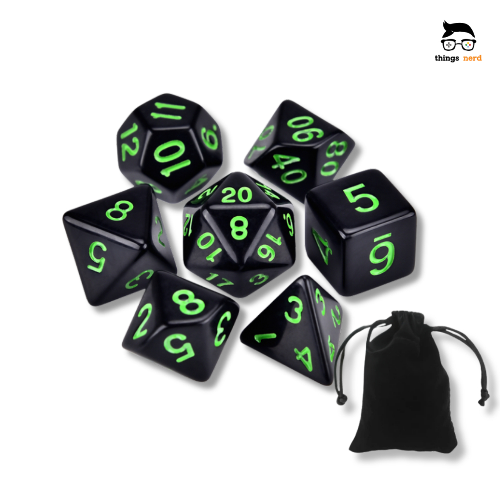 Kit 7 Dados RPG Preto e Verde Conjunto D&D Tormenta D4 D6 D8 D10 D10% D12 D20 Boardgame Cthulhu