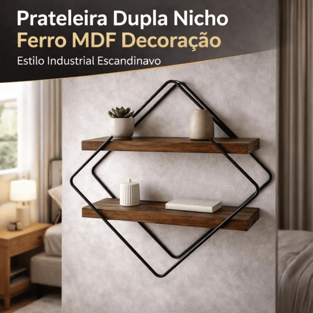 Prateleira Dupla Nicho Industrial Ferro e MDF Decorativa Suspensa Parede Estilo Escandinavo 35x35cm