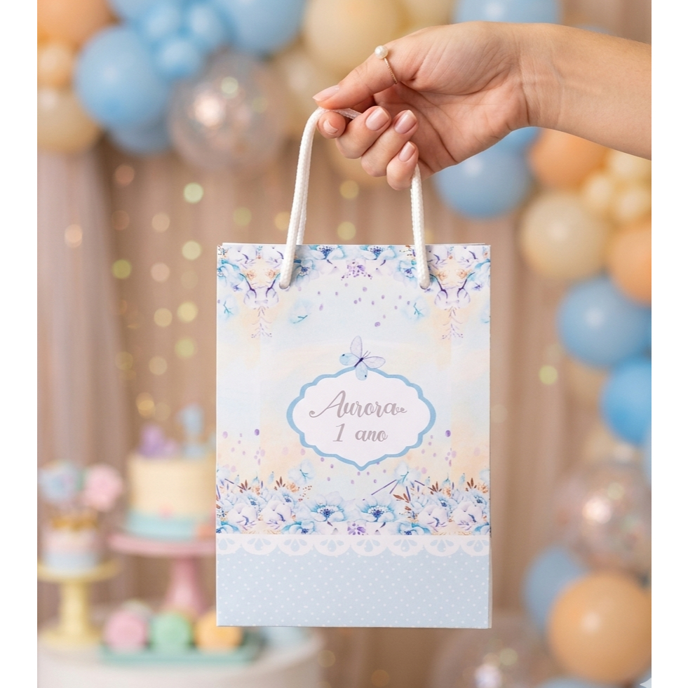 Sacolinha P Personalizada Borboleta Azul / Lembrancinha para Festa Infantil / Aniversário Jardim das Borboletas Azul