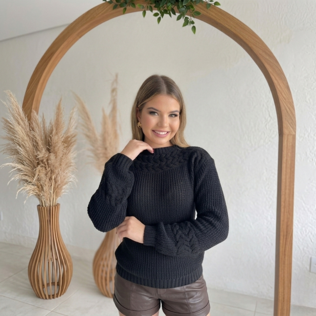 Blusa Feminina Tricot Gola Alta Manga Longa Balão Trançada Elegante Inverno