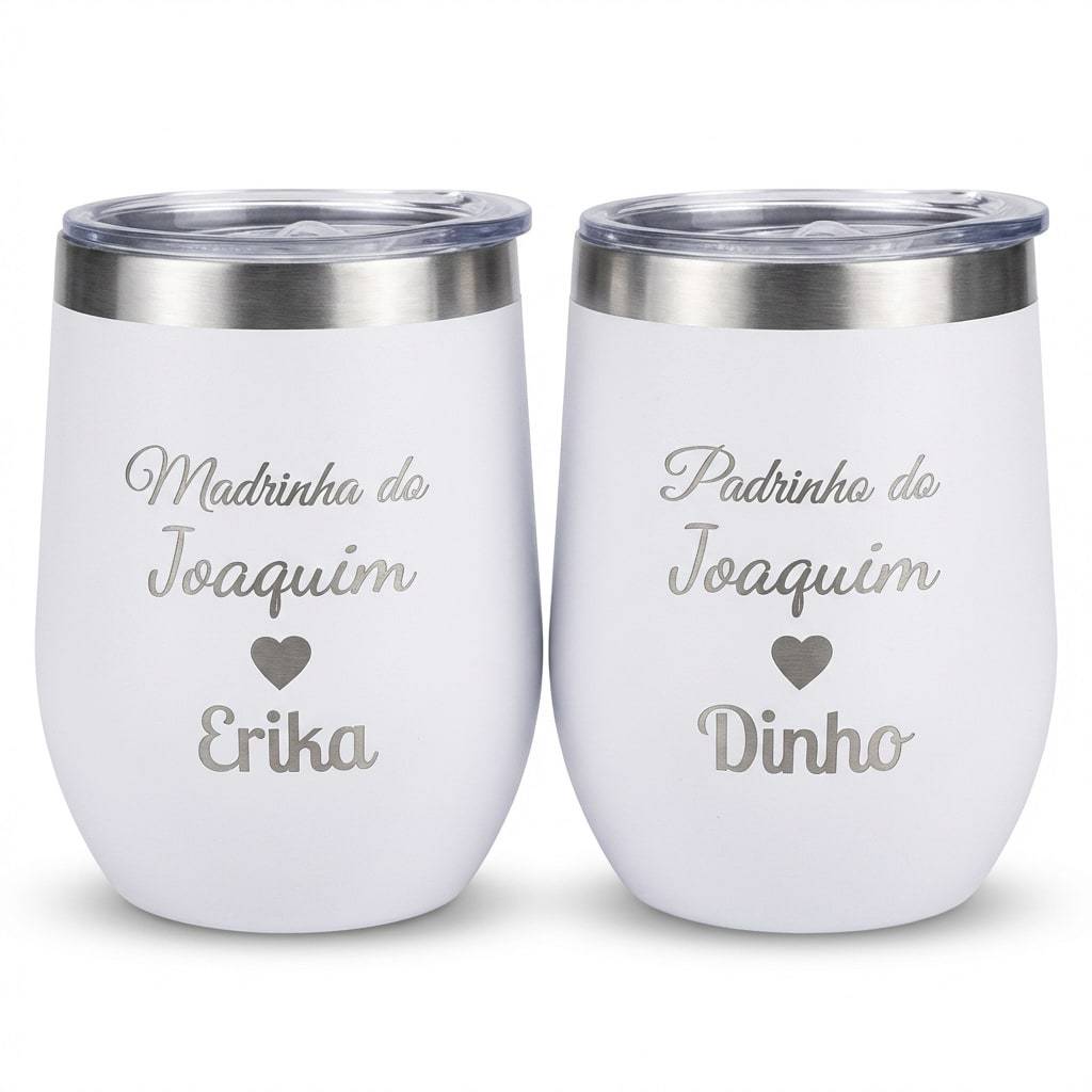 Kit 2 Copos Cuia Térmico Tampa Personalizado Padrinhos Batismo 360ml Aço Inox