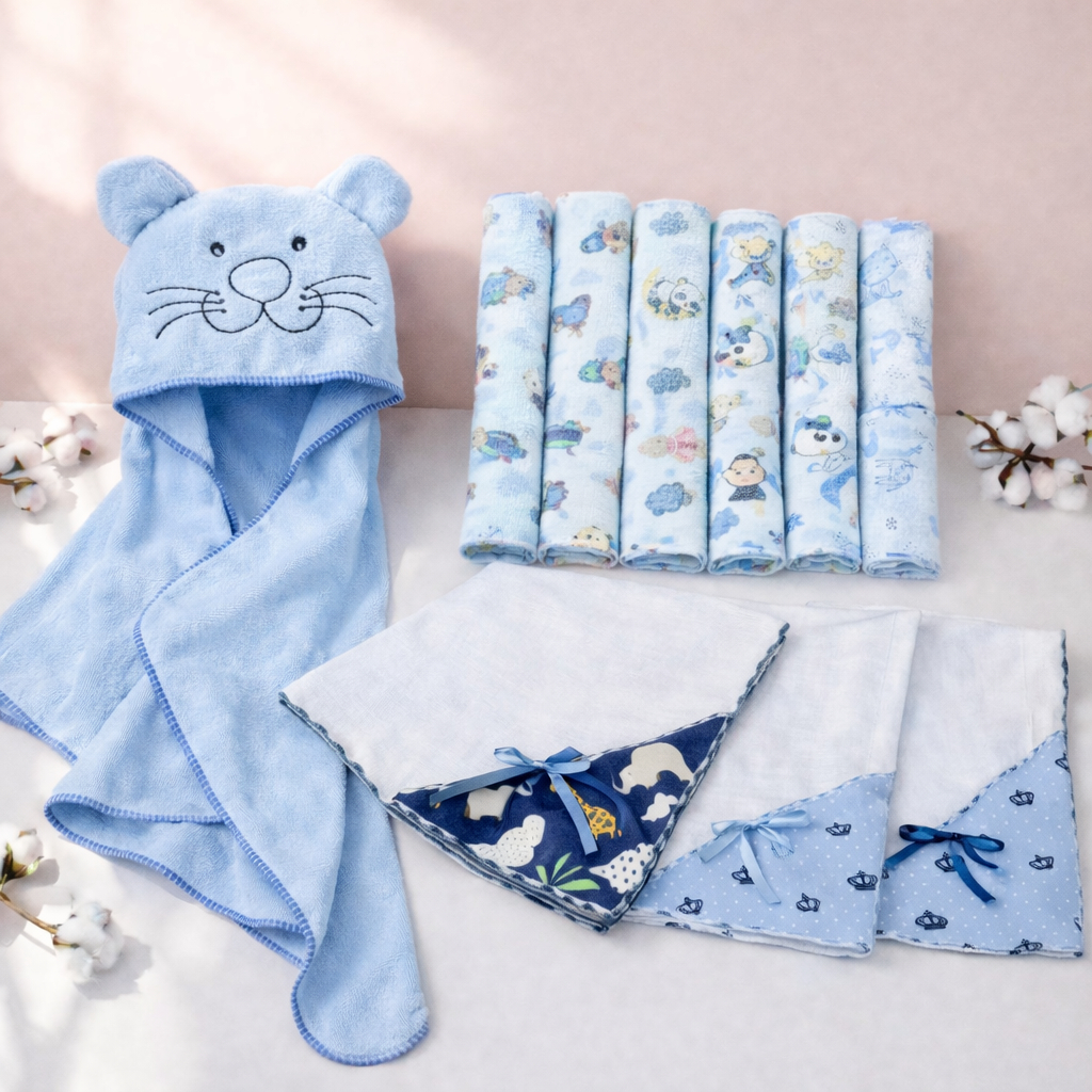 Kit Enxoval Bebê 15 Peças Toalha de Banho Bebê Bordada + 11 Fraldinhas + 3 Manta Fralda 100% Algodão