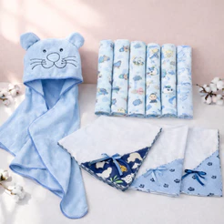 Kit Enxoval Bebê 15 Peças Toalha de Banho Bebê Bordada + 11 Fraldinhas + 3 Manta Fralda 100% Algodão