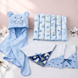Kit Enxoval Bebê 15 Peças Toalha de Banho Bebê Bordada + 11 Fraldinhas + 3 Manta Fralda 100% Algodão