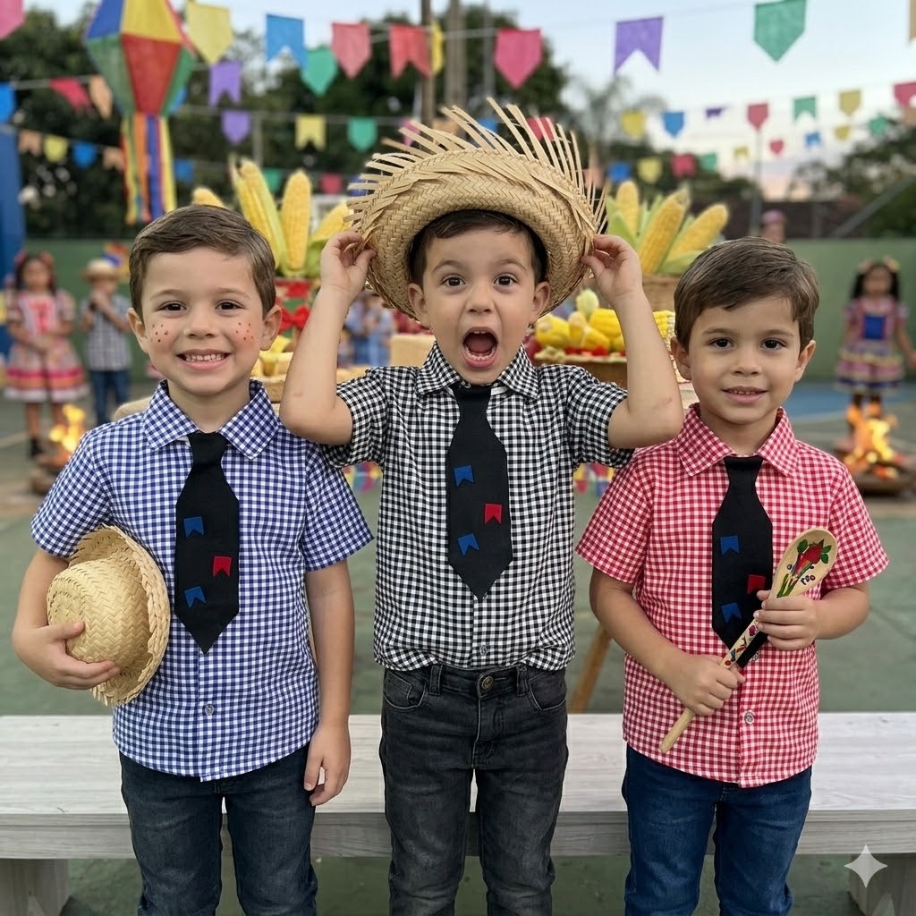 Camisa Infantil Xadrez com Gravata Manga Curta Social Bebê Menino Festa Junina São João 100% Algodão