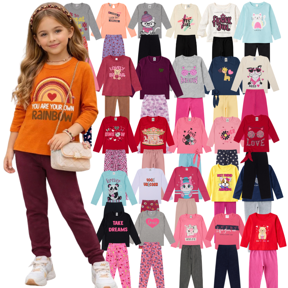 Kit 8 Peças Conjunto Meia Estação Menina do Tamanho 1 a 10 Anos | Blusa Manga Longa + Calça Legging - Envio Sortido