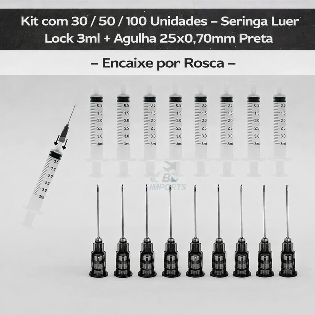 Kit Seringa e Agulha Luer Lock 3ml 25x0,70 Preta 30 50 100 Descartável Hipodérmica - BICO ROSCA