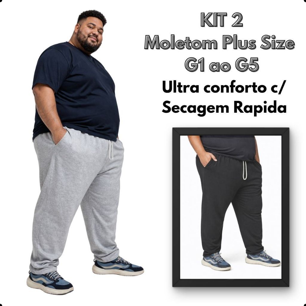 Kit 2 Calças Moletom Masculina Plus Size Preto e Cinza G ao G5
