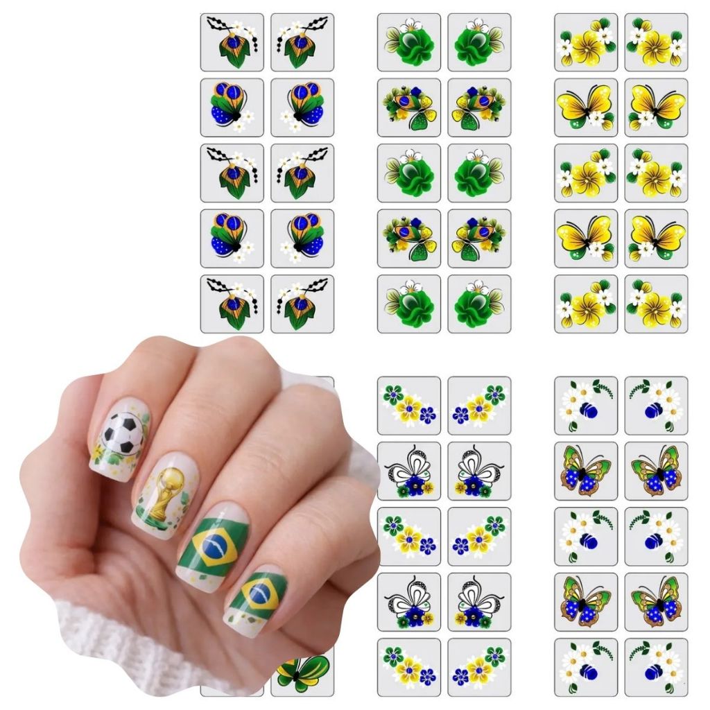Copa do Mundo Adesivos de Unhas 3D Nail Art - 30 Par - Seleção Brasileira Brasil - Camisa Verde Amarela - Hexa - Brazil