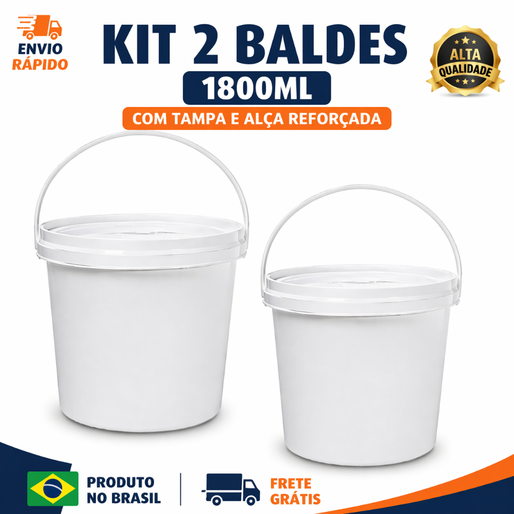 Kit 2 Baldes Plásticos 1800ml com Tampa e Alça – Resistente, Não Resseca, Multiuso