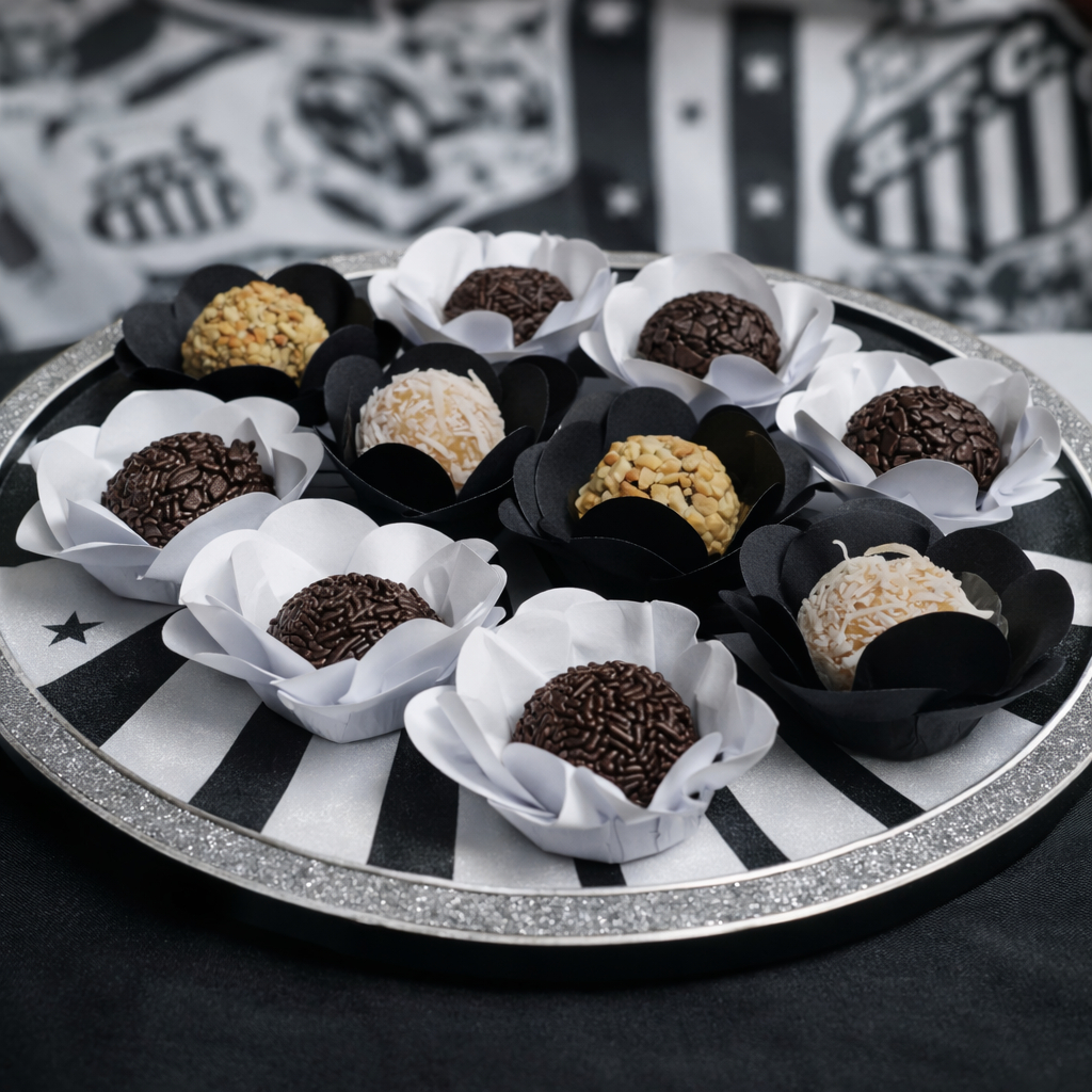 50 Forminhas Festa Tema Santos Peixão Aniversário Luxo Decoração Futebol Branco e Preto