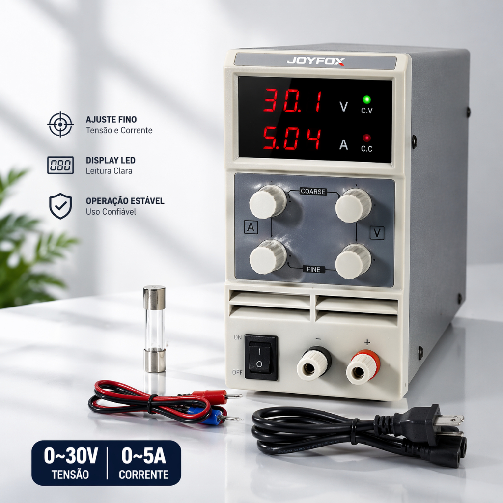 Fonte Ajustável DC 30V 5A Bivolt 110V 220V Alta Precisão Display Digital Triplo Estável Profissional Laboratório Eletrôn