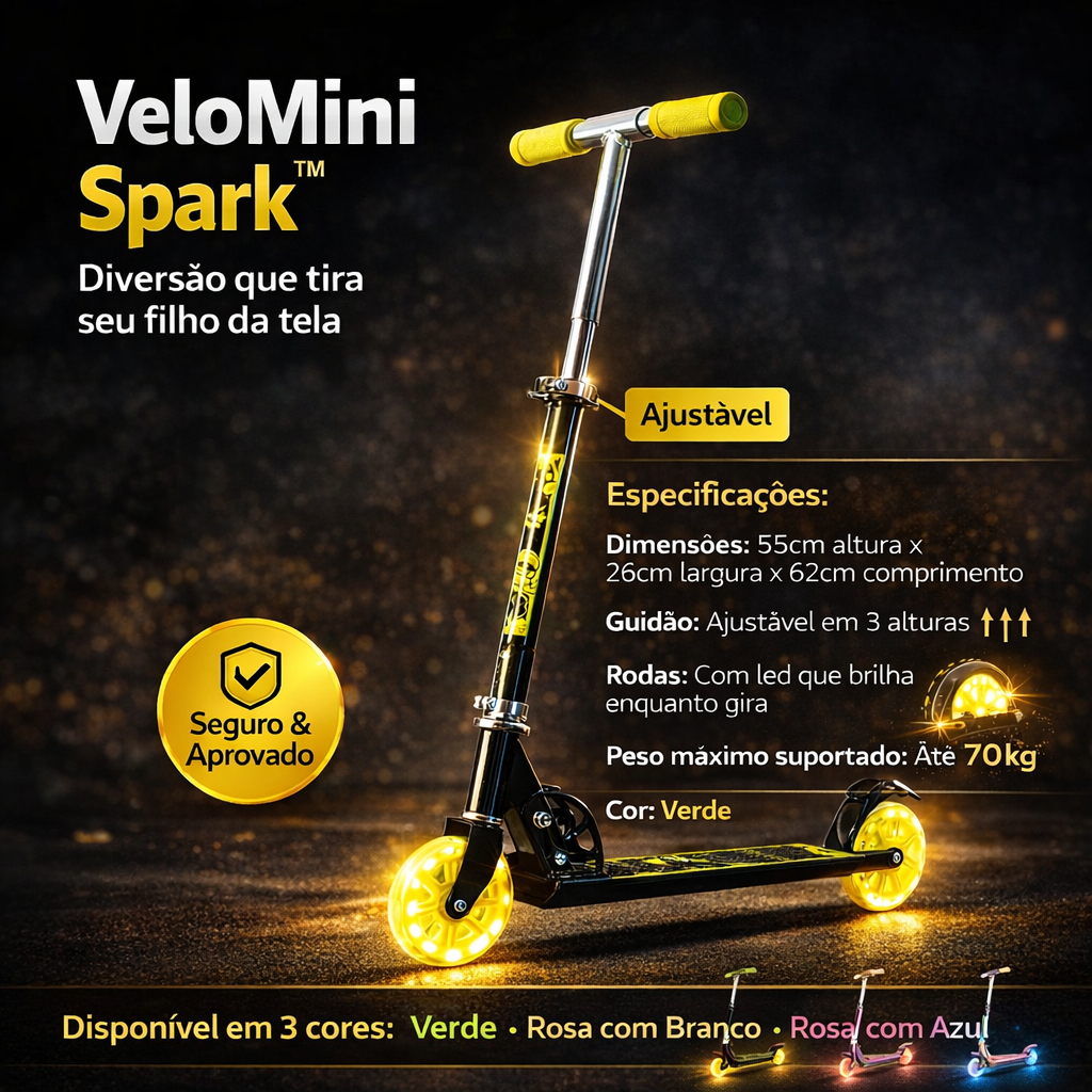 Patinete Infantil Ajustável Dobrável com Rodas LED Luminosas Seguro Até 70kg Crianças Portátil