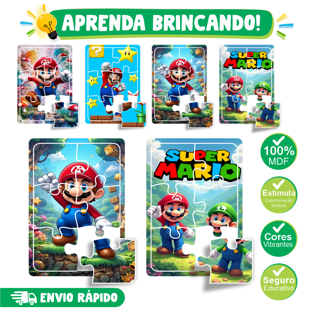 KIT 4 Quebra cabeça Infantil Ludico e Educativo para meninos - Tema Super Mario Mario Bros