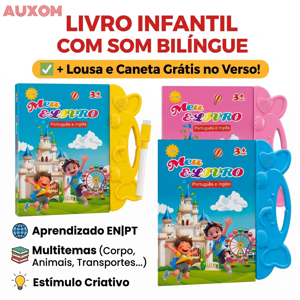 Imagem AUXOM Livro Interativo com Som Infantil Bilíngue Português Inglês Multi Temas Toque Educativo Aprendizagem